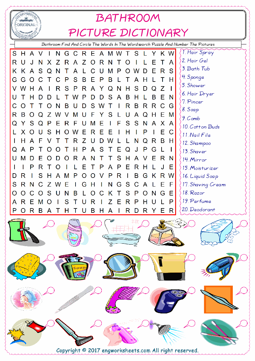  ESL wordsearch worksheets for kids, find Bathroom words in the word wordsearch write its number on its picture English worksheet. 